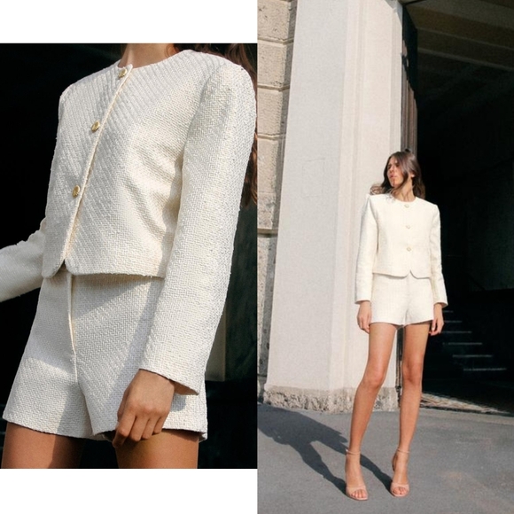 Zara Jackets & Blazers - Zara 2024 Collection Ivory Textured Tweed Blazer Short Set